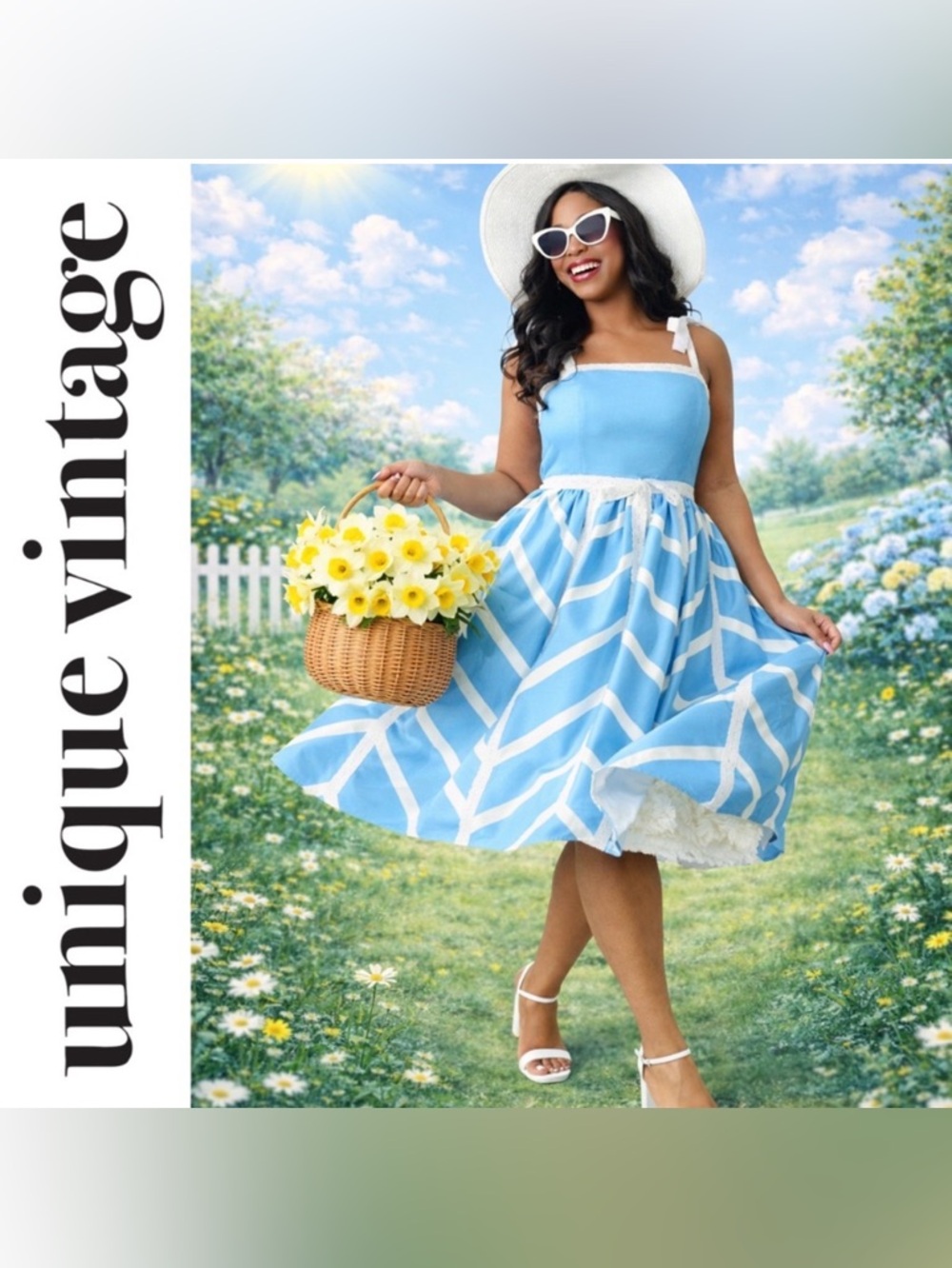 Unique Vintage 1950s Blue & White Chevron Eyelet Swing Dress, 1X, NWT!